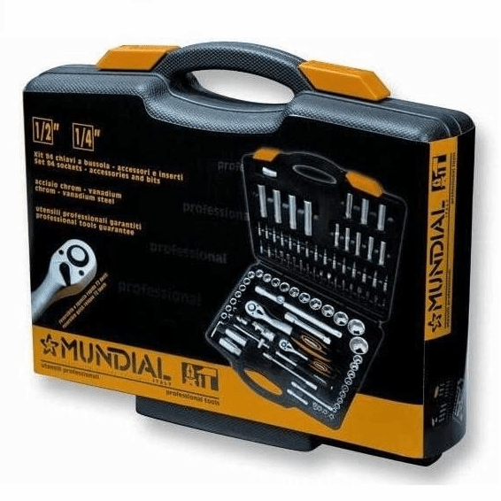Kit valigetta 94 chiavi a bussola e accessori 1/2" 1/4" Mundial