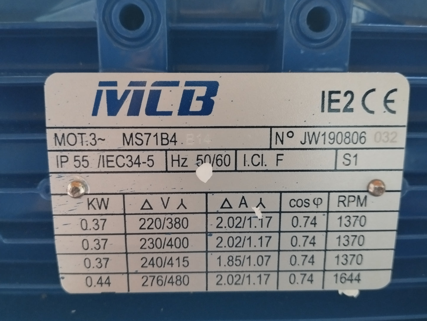 Three-phase electric motor 0.37 kW (0.5 hp) 4 poles (1400 rpm) MEC 71 B14 230/400 V